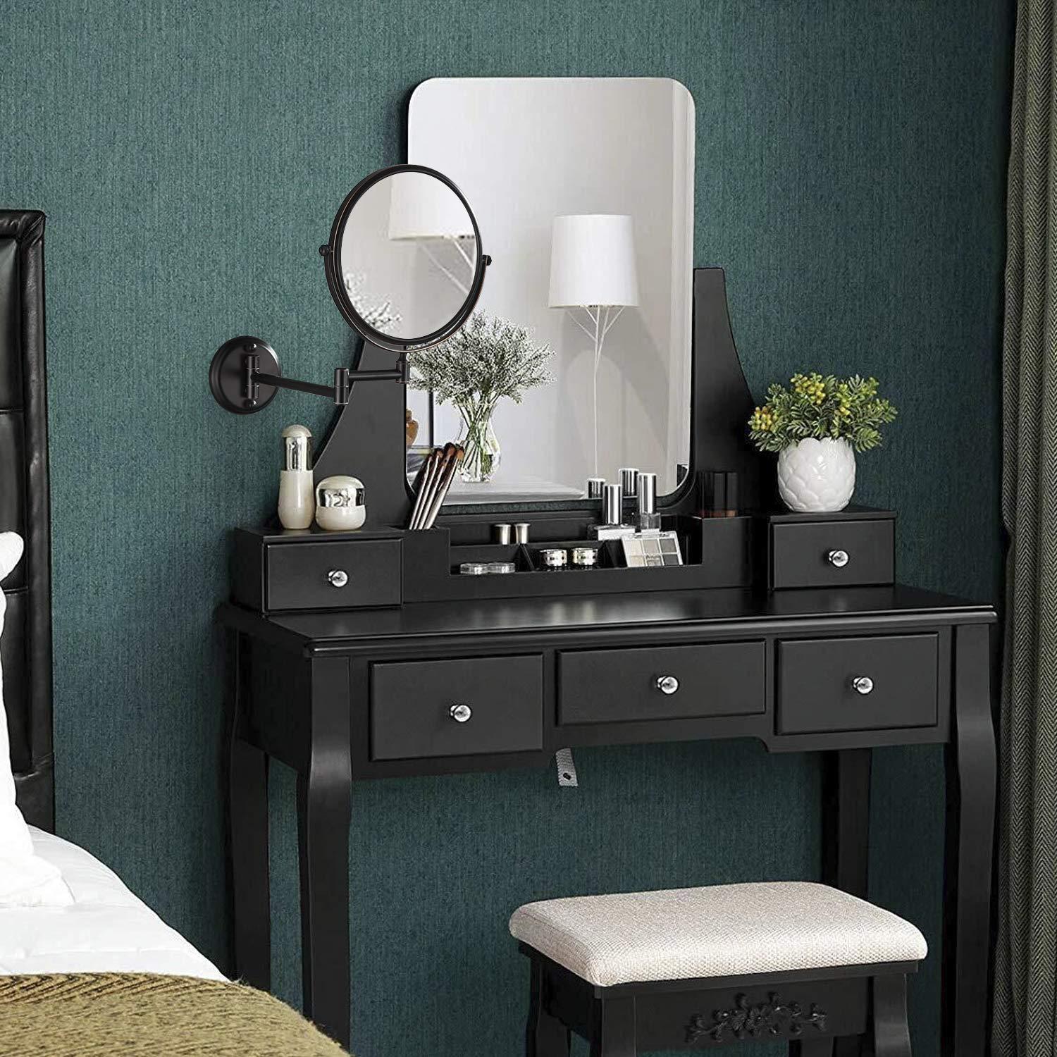 PRIMUZ PRIMUZ Wall Mounted Makeup Mirror with 5X Magnification,Wall Mounted Makeup Mirror Oil Rubbed Bronze,8 inch Double Sided Extendable Bathroom Mirror