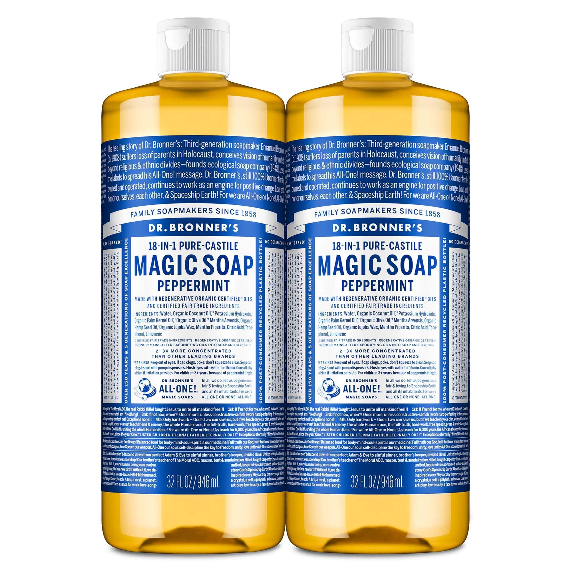 Dr. Bronner's Dr. Bronner’s - Pure-Castile Liquid Soap (Peppermint, 32 ounce, 2-Pack) - Made with Organic Oils, 18-in-1 Uses: Face, Body, Hair, Laundry, Pets and Dishes, Concentrated, Vegan, Non-GMO