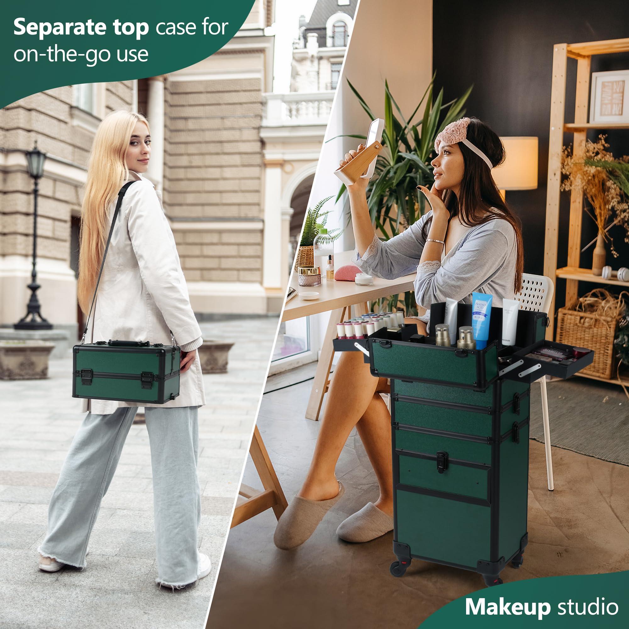 Somduy Somduy Rolling Makeup Case with Drawer, Makeup Train Case, 4 in 1Cosmetology Case on Wheels, Christmas Gift, Large Makeup Case Organizers, Profesional Cosmetic Case for Salon Barber, Green