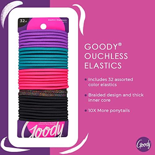 GOODY Goody Ouchless Assorted Elastics Hair Ties - 32 Count, Assorted Colors - Perfect for Girls with Medium, Curly Hair and Sensitive Scalps - Hair Accessories for Women - Pain Free