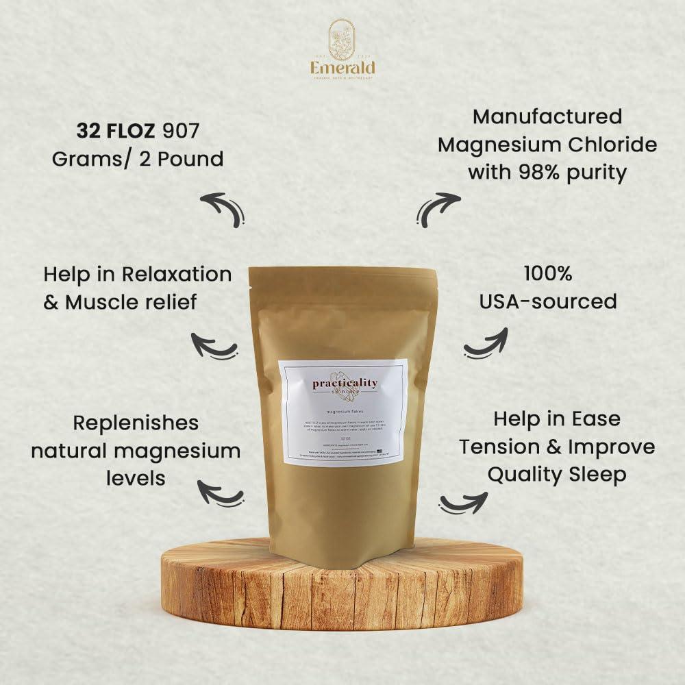 practicality Practicality Magnesium Flakes for Bath |100% Natural USA-Sourced and Manufactured Magnesium Chloride Flakes - Great for Foot & Body Relaxation, Better Absorption Over Epsom Salt | 32 FL OZ | 1 Pc