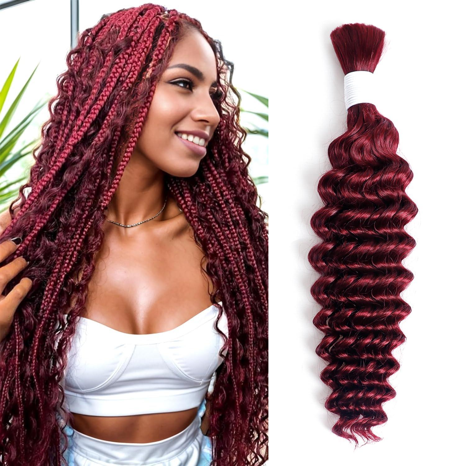 Xagujpo Human Hair Bulk For Braiding 100g/Pack 16 Inch Burgundy Deep Wave Bulk Human Hair For Braiding No Weft 99J Deep Curly Braiding Hair Extensions 100% Human Hair Bulk For Micro Braids Hair