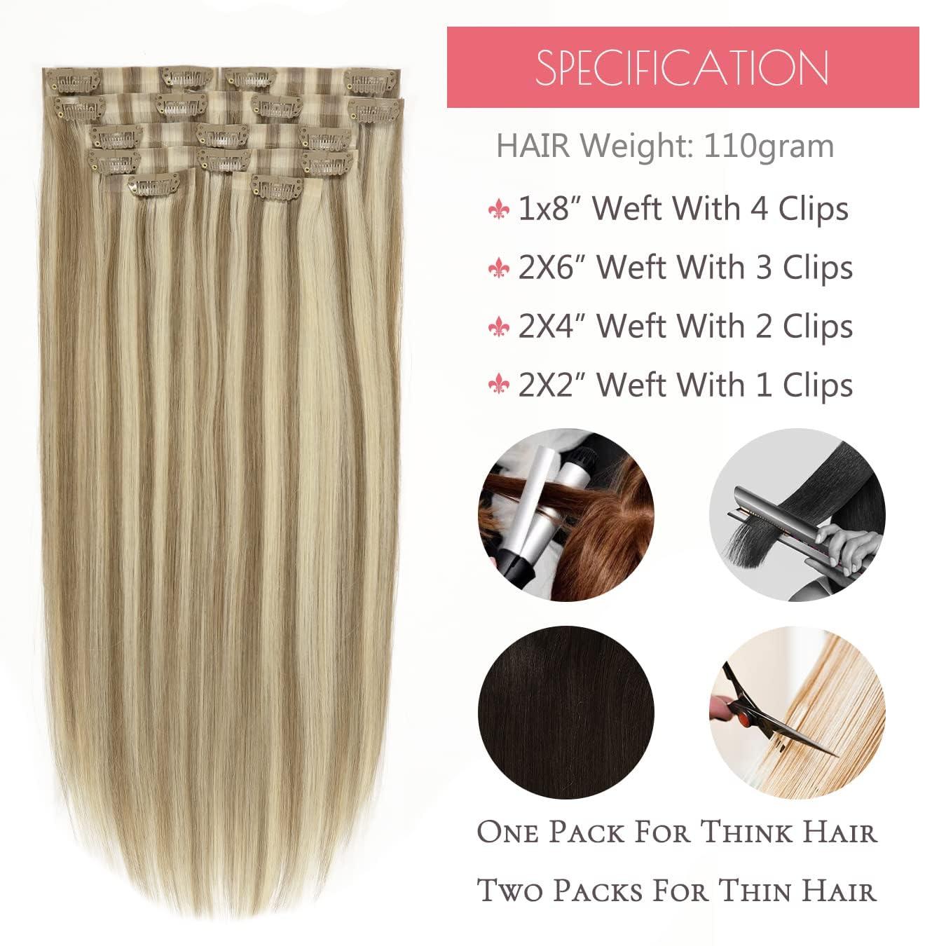 Loxxy Loxxy Glam Seamless Clip in Hair Extensions Double Thin PU Weft 100% Remy Hair Extensions Clip in Human Hair 20Inch Piano Light Brown Mixed With Platinum Blonde #P8/60 110Gram 7PCS Full Head