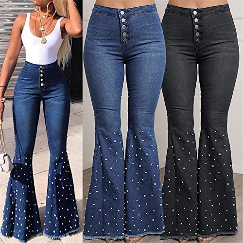Generic2021 Generic Women's Button Fly Flare Jeans Women Bell Bottom Pants Raw Hem Denim Pant Flared Leg Long Trouser with Button Decor (Small,Blue)