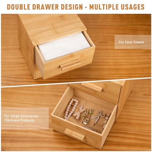 Chokoter Bamboo Box with Makeup Remover Wipes, 50 PCS XL Disposable Face Towels, Wash Cloths for Your Face and Body, Double-drawer Bamboo Container for Face Towelettes (Bamboo Container, 50 Face Cloths)