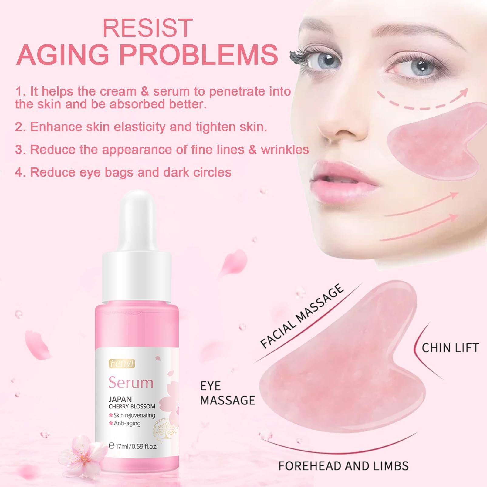 ISHERBIN Skin Care Set with Gua Sha Facial Tools, Cherry Blossom Skincare Gifts for Teenage Girls, Anti Aging Skin Care Routine Kit: Cleanser - Serum - Eye Cream - Cream - Mud Mask Facial Kit, Gifts for Mom