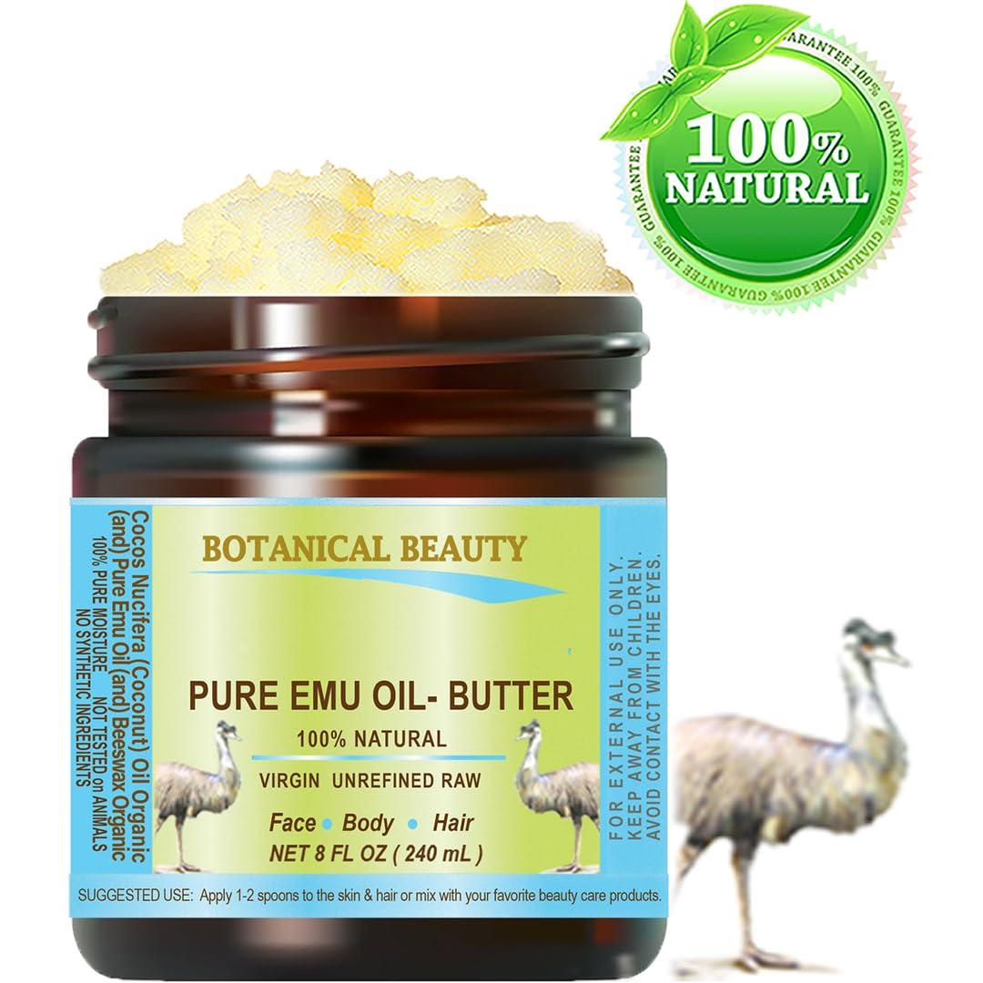 Botanical Beauty PURE EMU OIL BUTTER 100% Natural RAW VIRGIN UNREFINED for FACE, BODY, HANDS, FEET, NAILS, HAIR and LIP CARE 8 Fl. oz. - 240 ml by Botanical Beauty