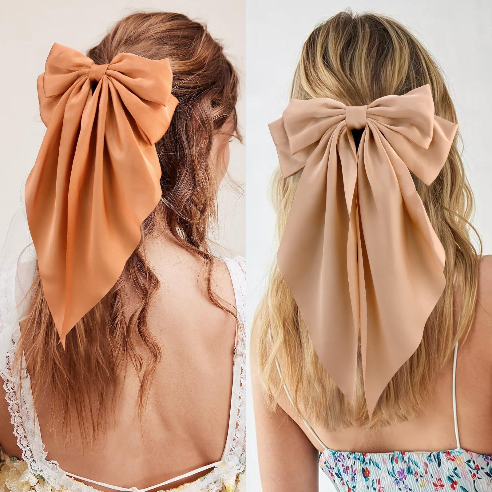 VELSCRUN Velscrun Hair Bows for Women Girls 3Pcs Brown Series Hair Bow Big Hair Bows Clip Silky Satin Large Hair Ribbons Oversized Long Tail Hair Bows Hair Barrettes Hair Accessories Gifts for Sisters