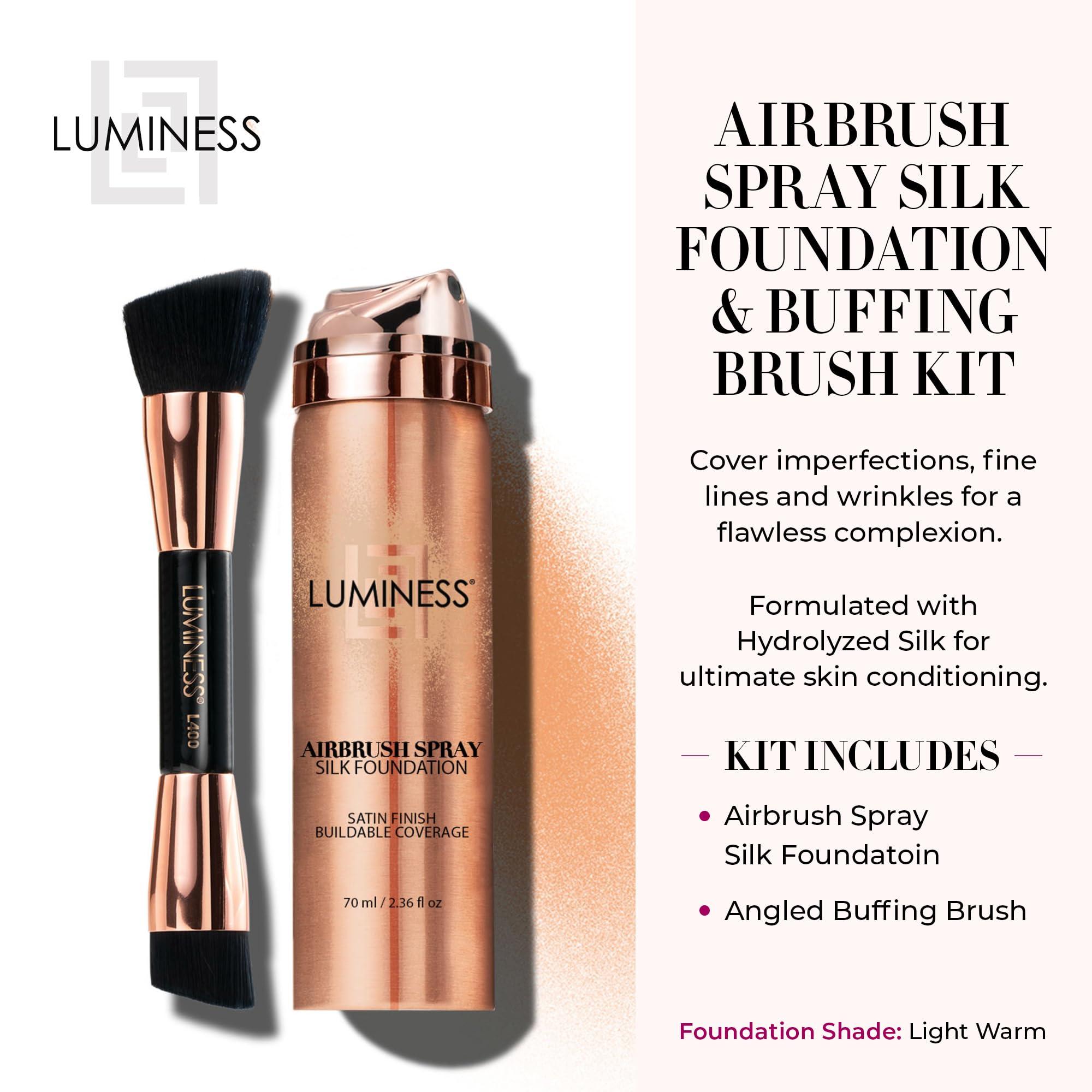 LUMINESS LUMINESS Silk Airbrush Spray Foundation & Buffing Brush Kit Full Coverage Foundation & Dual-Sided Buffing Brush - Buildable Coverage, Anti-Aging Formula Hydrates & Moisturizes (Shade - Light Warm)