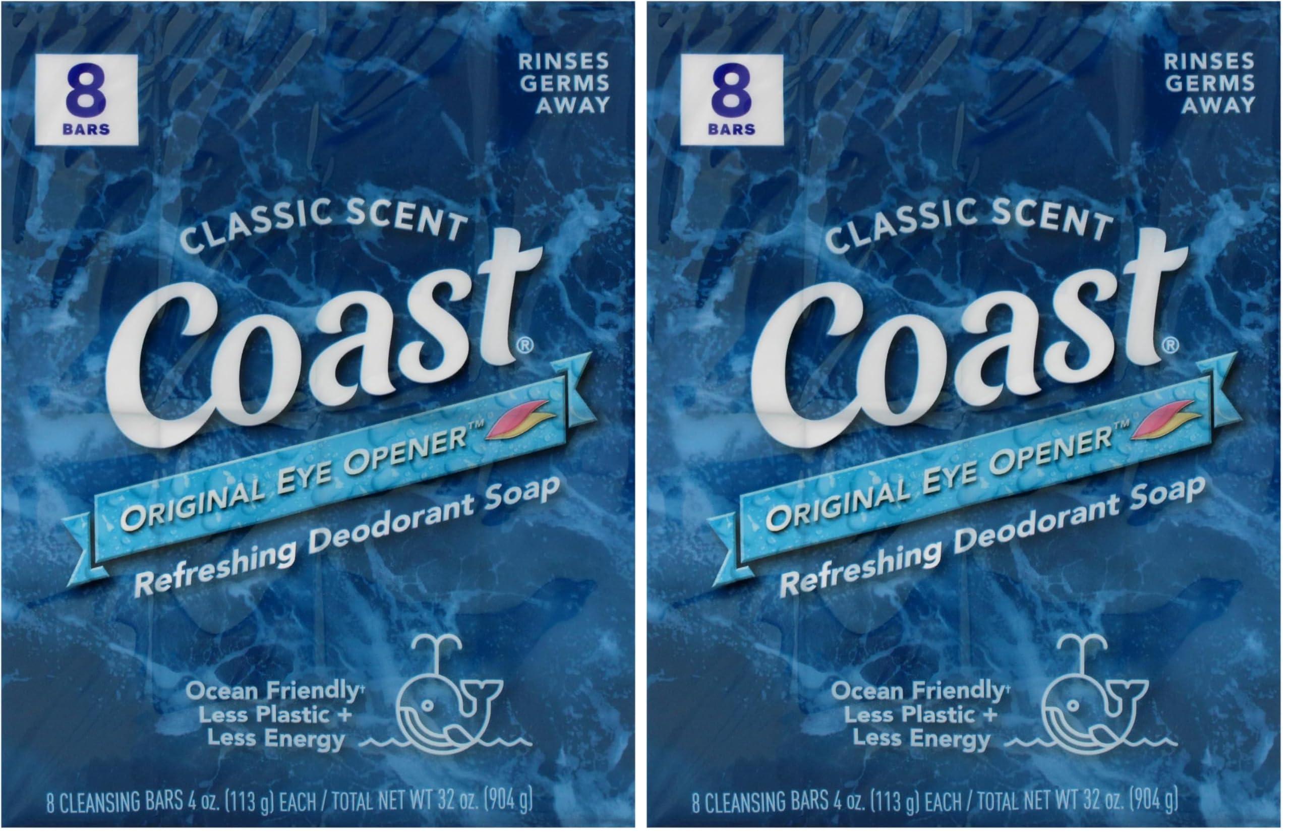 Coast Coast Refreshing Deodorant Soap Bar - 8 Bars - Thick Rich Lather Leaves Your Body Feeling Energized And Clean - Classic Pacific Force Scent (Pack of 2)