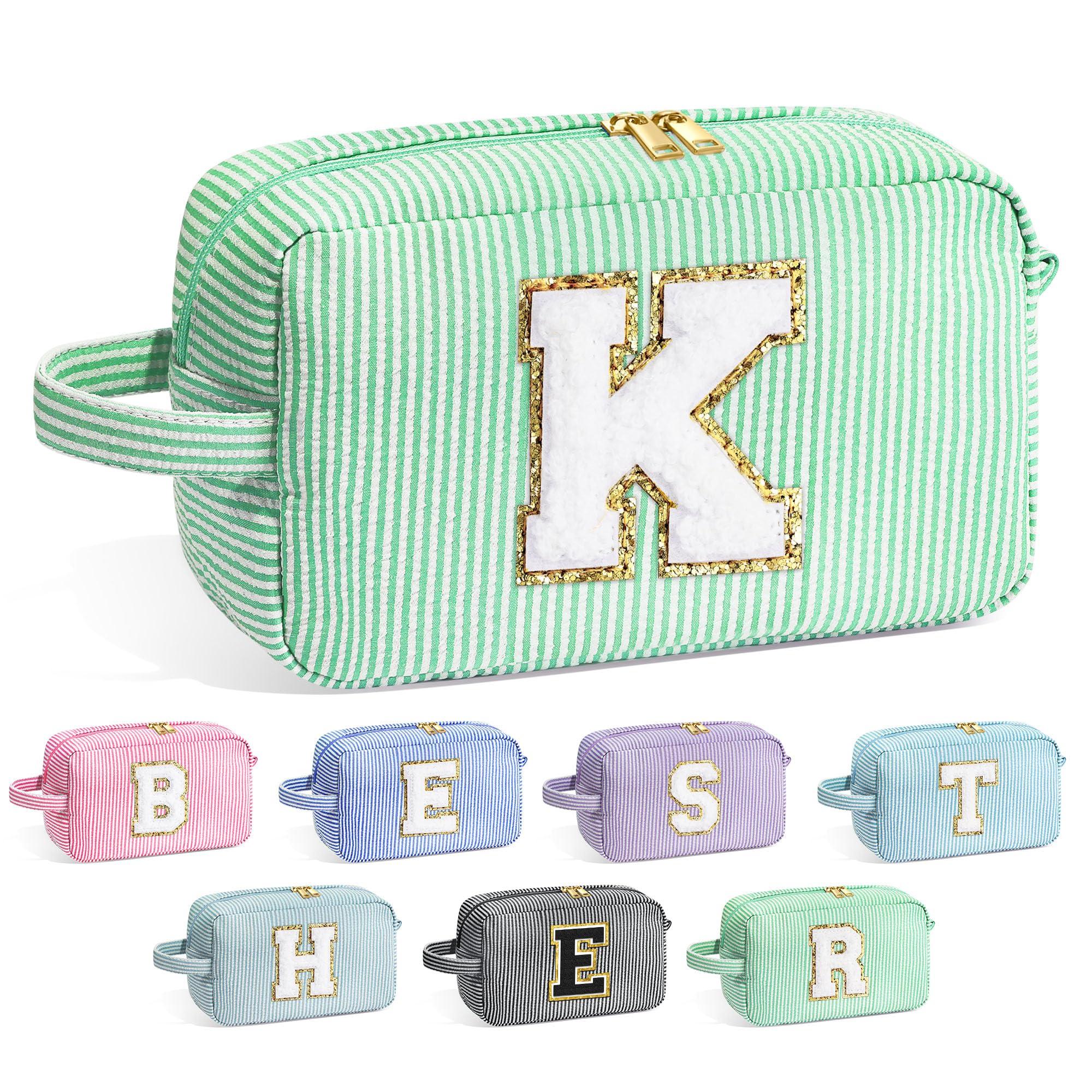 YOOLIFE YOOLIFE Makeup Bag - Initial Makeup Bag Cosmetic Bag, Make Up Bag, Monogram Makeup Bags, Travel Toiletry Bag, Cute Makeup Pouch Makeup Case, Personalized Green Initial Makeup Bags for Women K