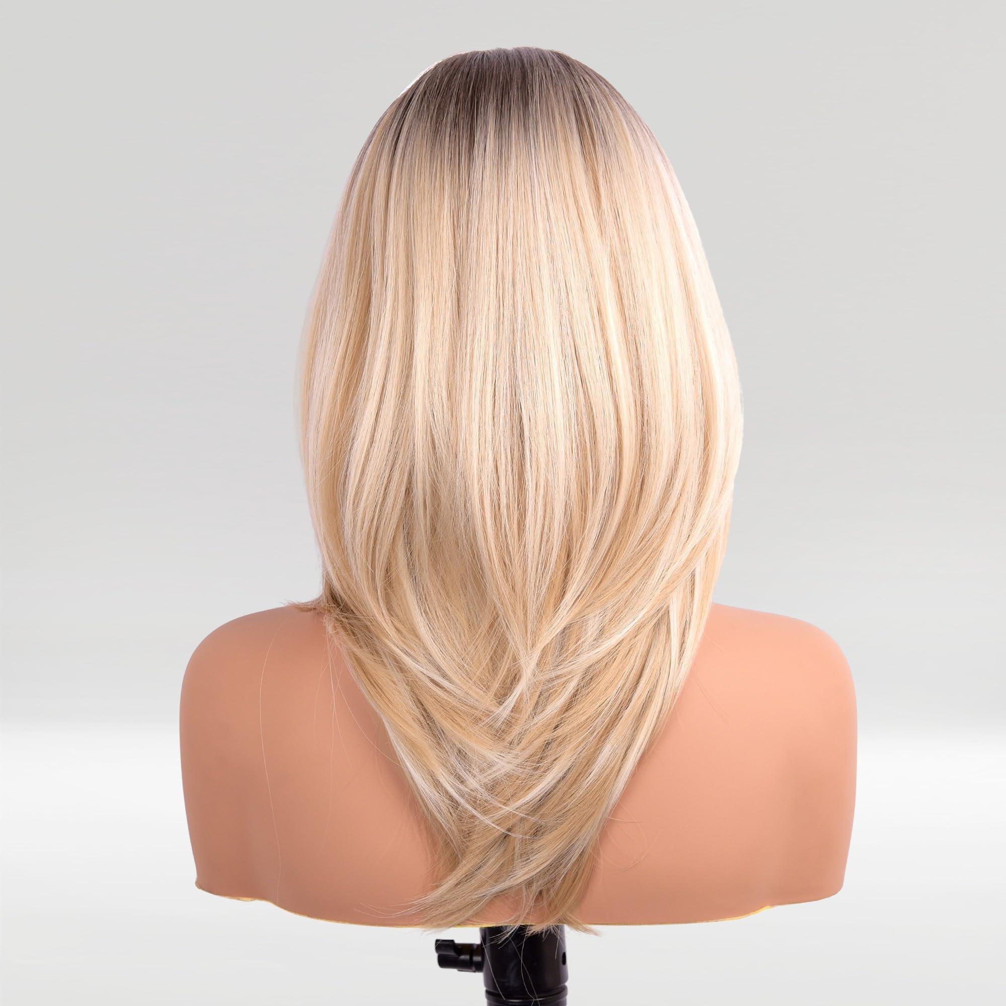 vedar vedar Honey Blonde Wigs with Bangs, Ombre Brown to Blonde Synthetic Hair Wig, Middle Part Shoulder Length Part Natural Straight Wigs for Women, VEDAR-163