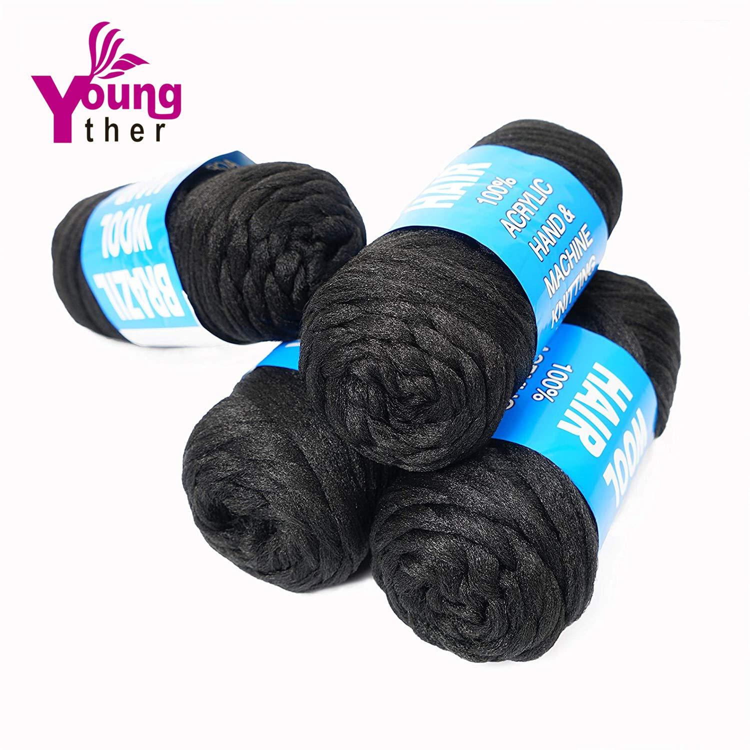 Youngther 100% Brazilian Wool Hair Acrylic Yarn for African Braids/Senegalese Twist/Faux Locs/Wraps with Crochet Hook(4 Roll, Natural Black)