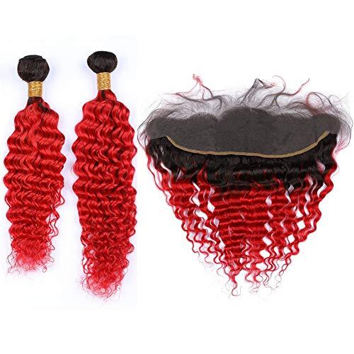 Tony beauty hair Tony Beauty Hair Ombre Red Deep Wave 2 Bundles Peruvian Virgin Hair Black Roots and Frontal Closure 13x4#1B/Red Ombre Deep Wavy Human Hair Weave Wefts with Ear to Ear Lace Frontal (24 26+24)