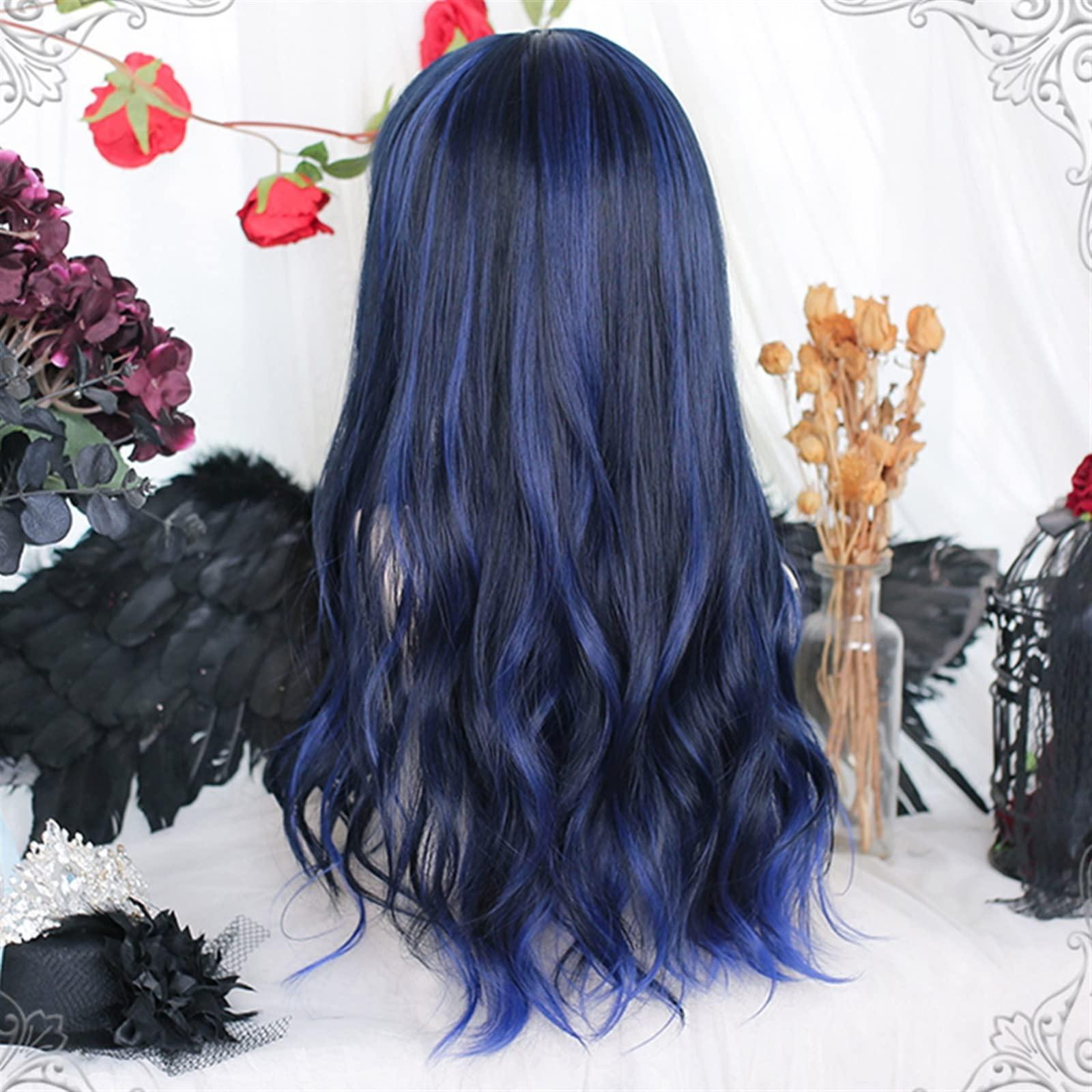 GRFIT GRFIT Wigs Black Blue Wigs with Neat Bangs for Women, Long Curly Wavy Hair Wig with Bangs Natural Synthetic Cosplay Replacement Wig Lace Wigs