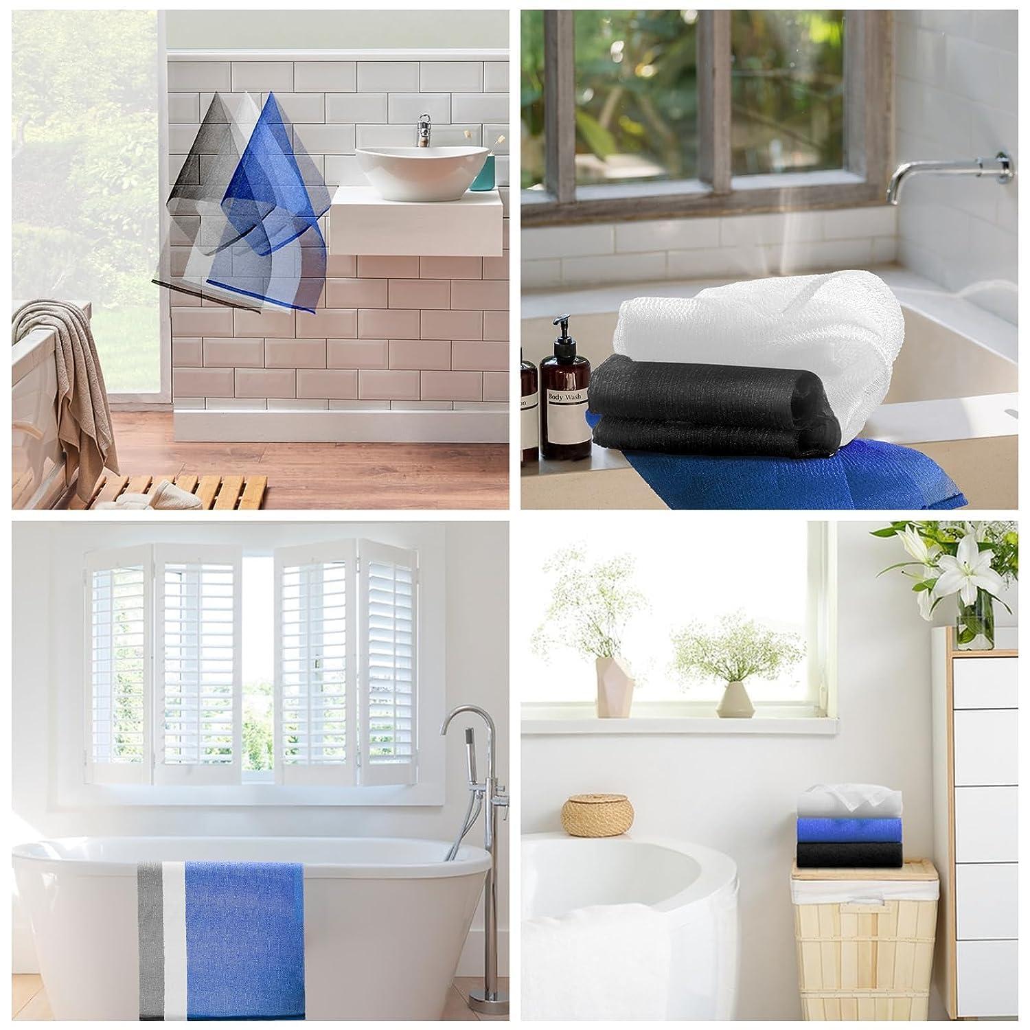 RIUOTA 3 Pieces Exfoliating Washcloth Shower Towel African Net Sponge Japanese Wash Cloth Face Exfoliating Sponge Loofah Exfoliating Body Scrubber for Body Exfoliation(Black White Blue)