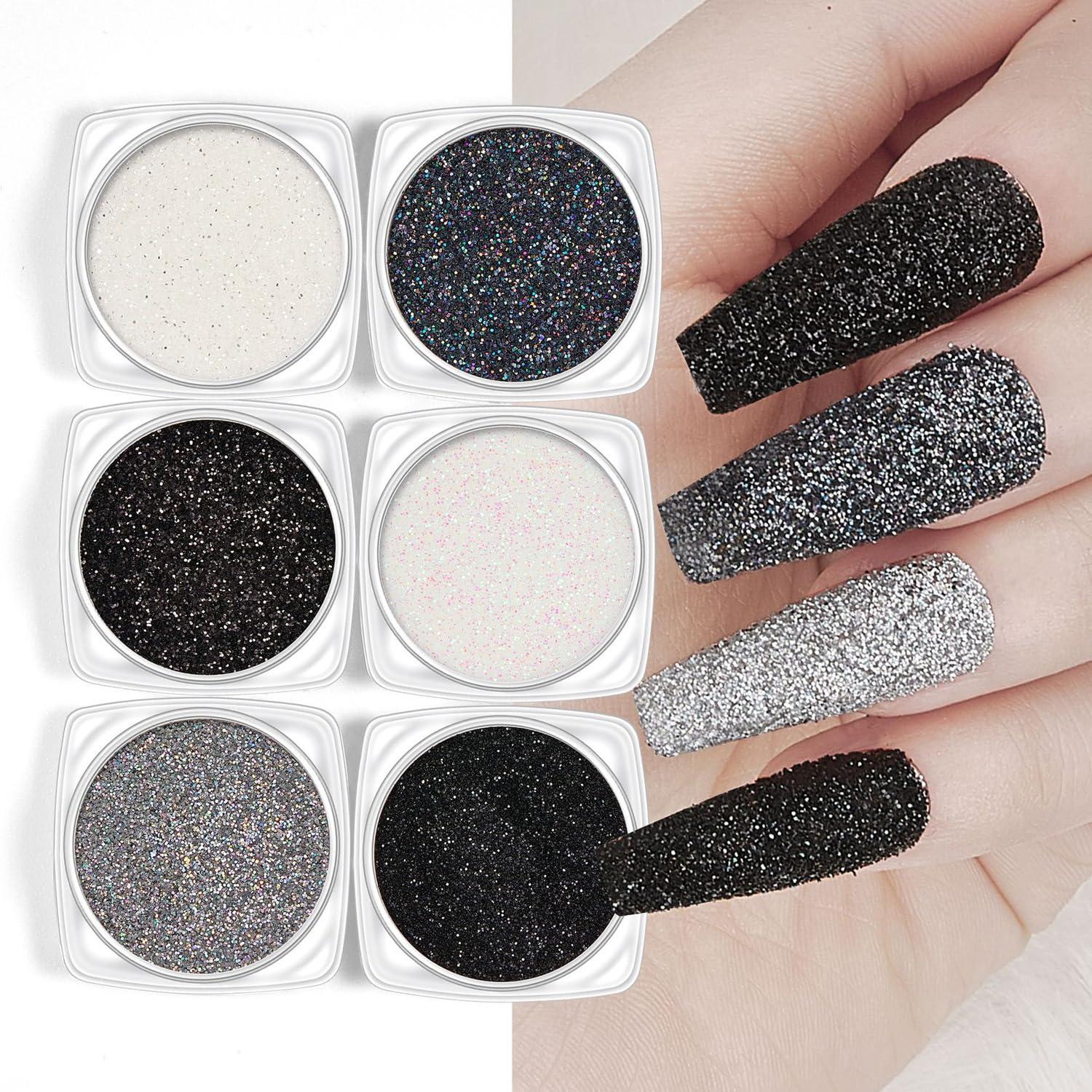 Bellecrey 6pcs White Rainbow Nail Glitter Holographic Shining Nail Glitter Candy Coat Powder Sugar Coating Effect Powder Silver Nail Powder Nail Art Decorations Dust Diamond Dust for Nails