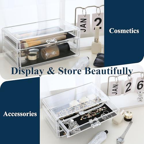 Sea Team Sea Team Clear Makeup Organizer with Drawers, Acrylic Plastic Cosmetic Display Case, Jewelry Storage Box, Holder for Dresser, Bathroom, Vanity, Countertop (1 Large, 2 Small Drawers)