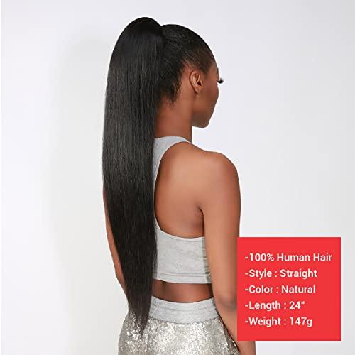 Celebrity Celebrity 24 Inch Drawstring Ponytail Straight Virgin Unprocessed Human Hair Ponytail for Black Women natural black color hairpiece with clip in binding ponytail hair extension (24 Inch (Pack of 1), N