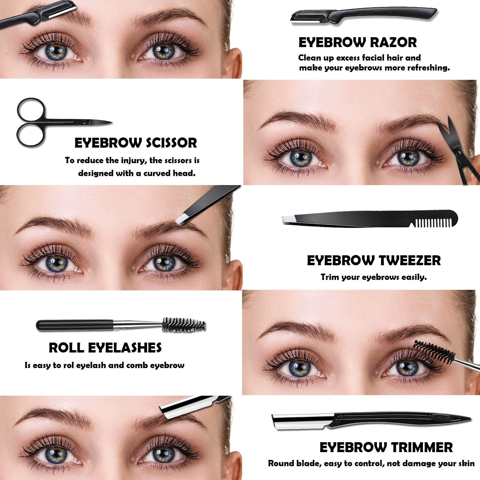 DELAYNOMORE77 Eyebrow Razor Kit, 6 in 1 Professional Eyebrow Grooming Set for Women and Men, Including 3 Eyebrow Razors Trimmer,1 Tweezer,1 Scissor,1 Eyelashes Roller,1 Storage Bag