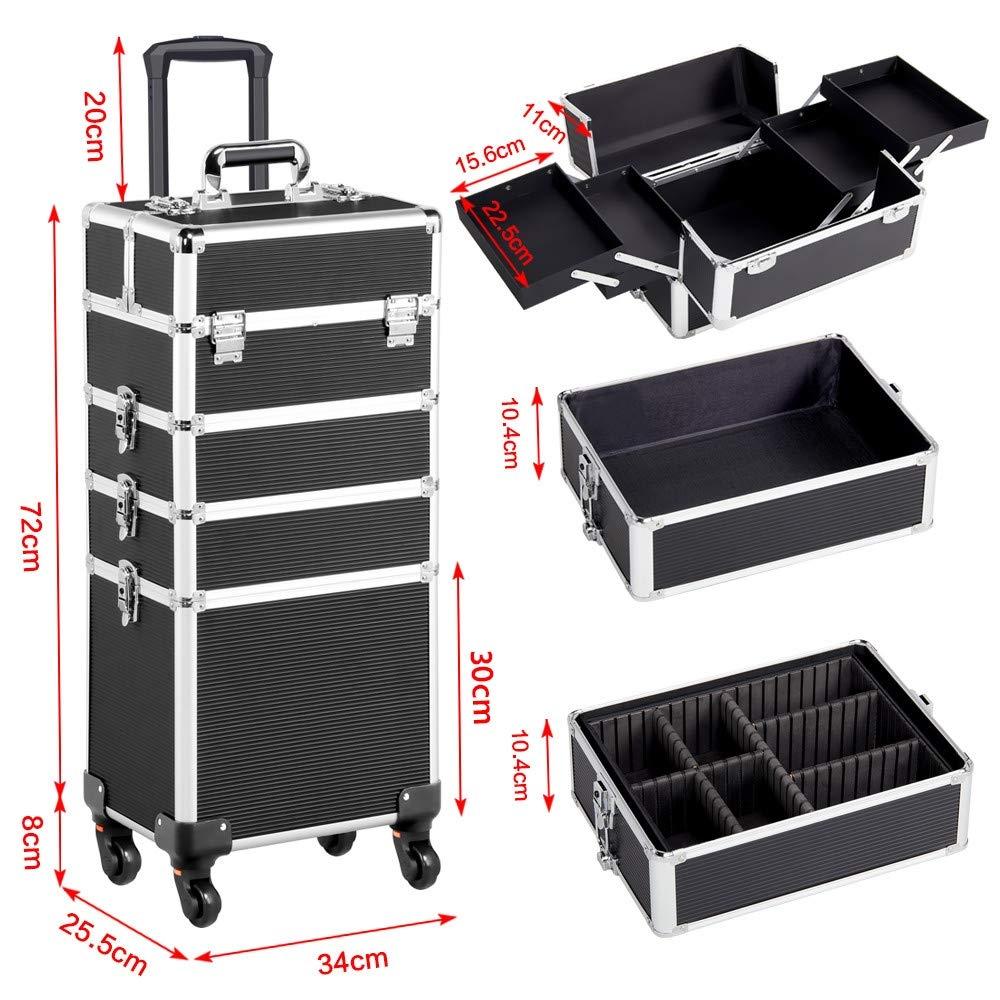 costoffs Costoffs Extra Large Makeup Trolley Cosmetic Case Organiser Beauty Trolley on Wheels Vanity Case with Adjustable Dividers (Black, 4 in 1)