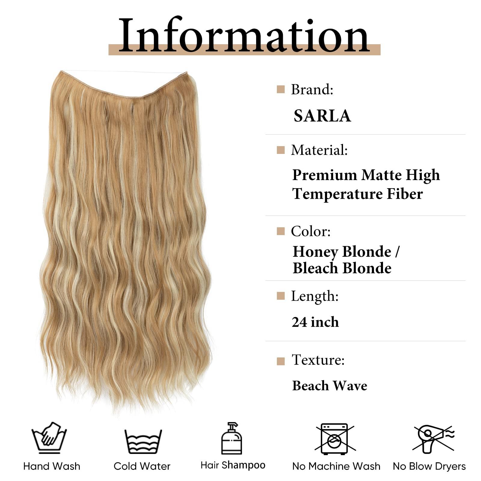 SARLA SARLA Invisible Wire Hair Extension with 3 Clips Synthetic Long Beach Wave Hairpiece Transparent Adjustable Headband for Women 24 Inch Honey Blonde/Bleach Blonde