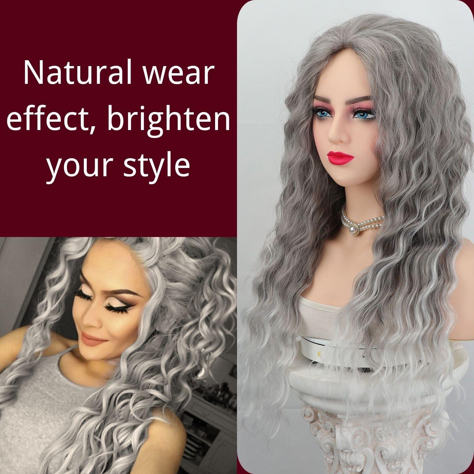 Fencca Fencca Grey Long Curly Wig Synthetic Mixed Gray Wave Curly Wigs for Women Free Part Full Curly Wig Layered Long Wavy Grey Wig
