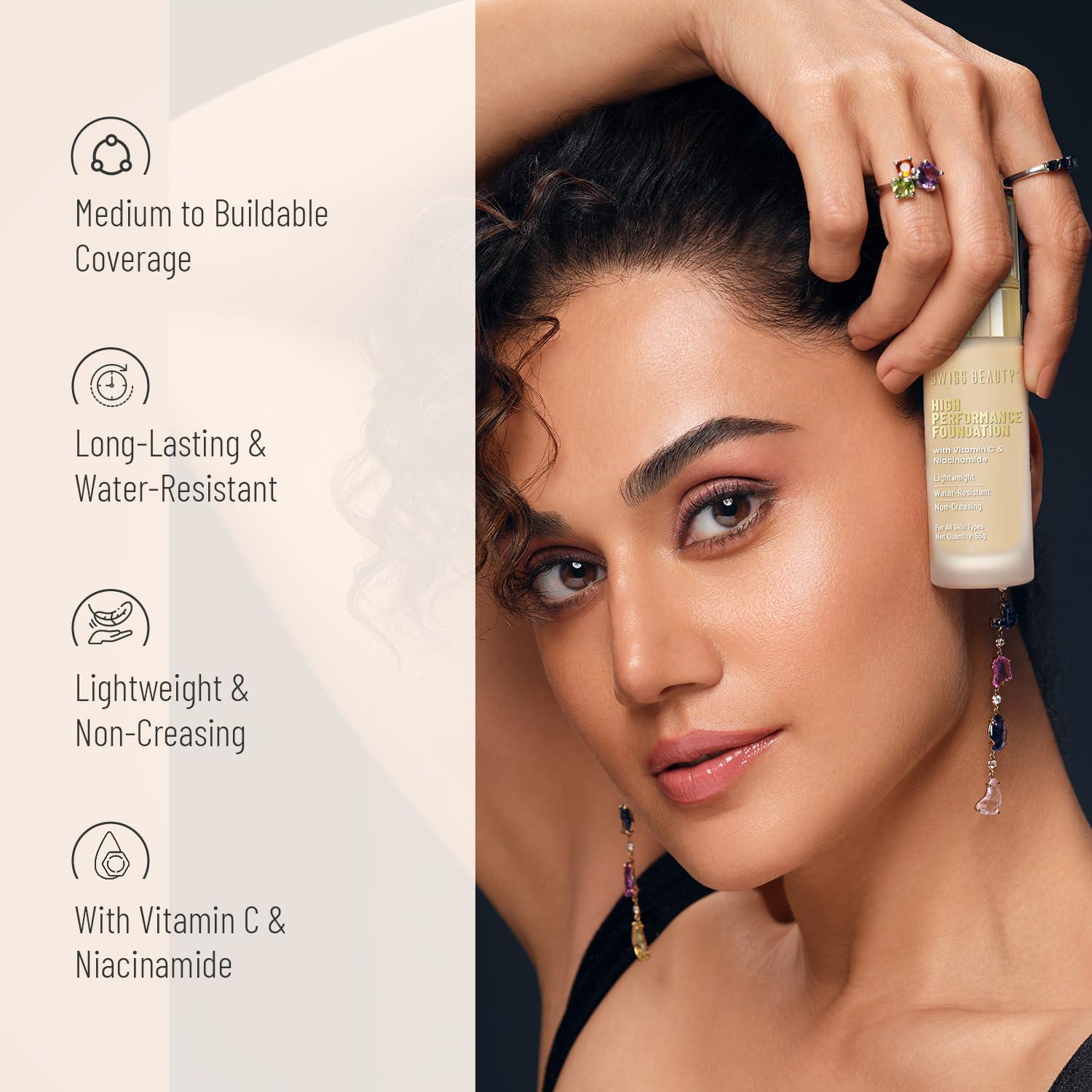 SWISS BEAUTY SWISS BEAUTY High Performance Foundation | Water-Resistant | Medium To Buildable Coverage Liquid Dewy Finish | Lightweight | Easy To Blend | With Vitamin C & Niacinamide | Rose Blush, 55G