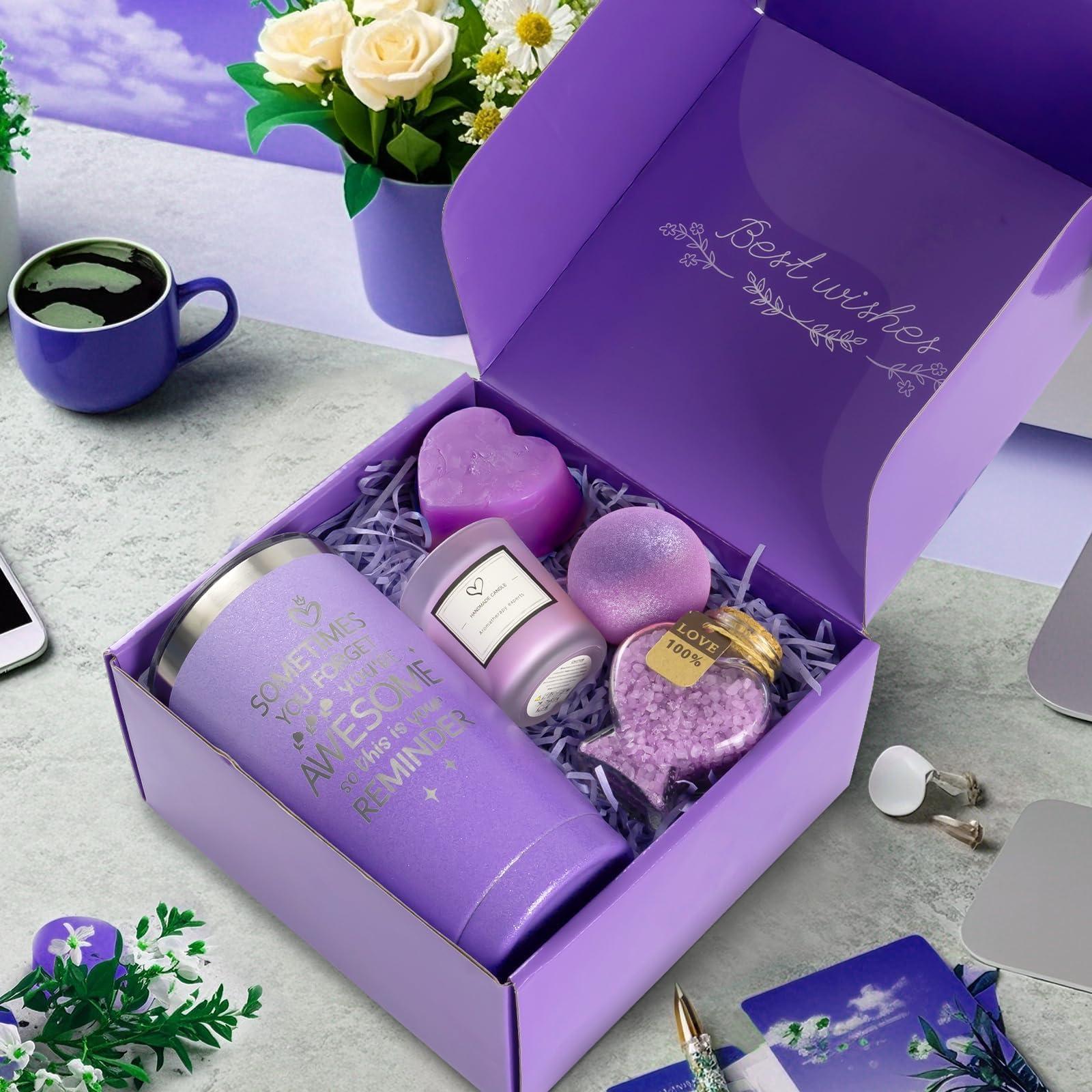 CUPLOOV Graduation Birthday Gift for Women Girls Mom- Unique Relaxing Spa Basket Gift Wine Tumbler Set for Her Wife Girlfriend Sister Friends Mothers Self Care 2025 Grad Presents, Purple