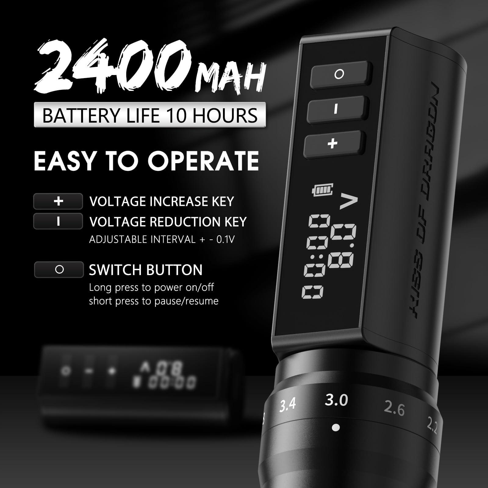 Kiss of Dragon Tattoo Gun Wireless tattoo machine, 2400mAh Rotary Tattoo Machine with 6 stroke length Options, Pro Tattoo Guns with Motor Power reliable for all kinds of needles, ink-Kiss of Dragon