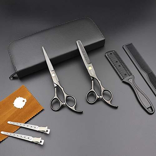 FARI FARI Hair Cutting Scissors Kit with Combs, 6.0 Inches Barber Haircut Thinning Scissors Hairdressing Shears Set with Lether Scissors Case for Salon and Home (Black)