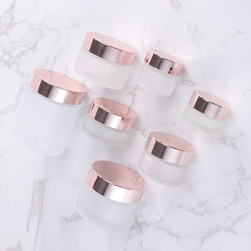 SNOW DIAMOND Clear Frosted Round Glass Jar With Rose Gold Lid, Empty Small Sample Travel Size Cosmetic Containers Pot For Eye gel Face Cream Makeup Beauty Products Oil Salve Ointment (15ml 0.5 oz, 60 Pack)