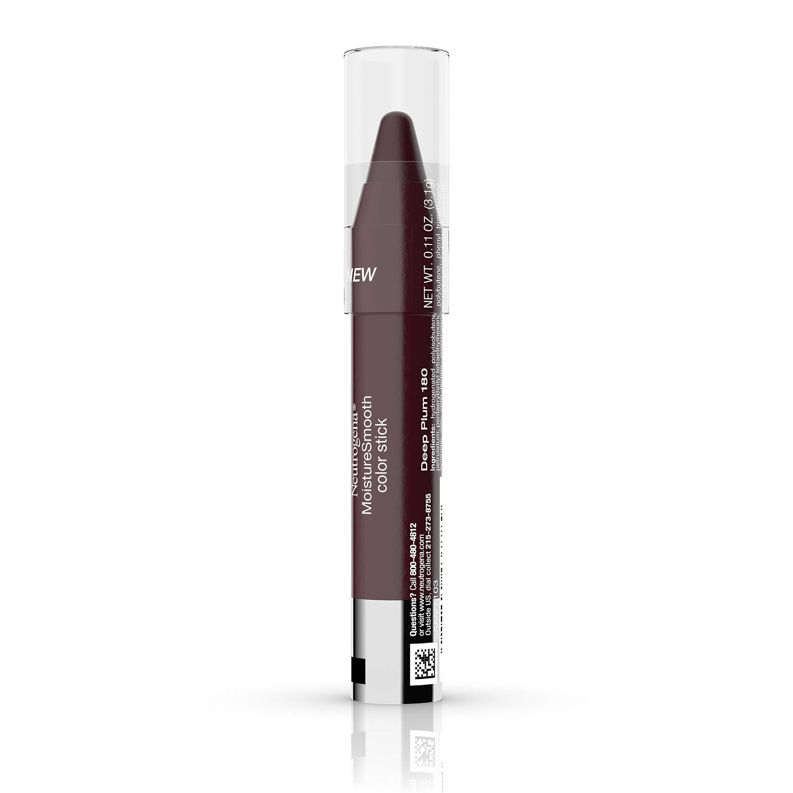 Neutrogena Neutrogena MoistureSmooth Color Stick for Lips, Moisturizing and Conditioning Lipstick with a Balm-Like Formula, Nourishing Shea Butter and Fruit Extracts, 180 Deep Plum, 011 oz (Pack of 2)