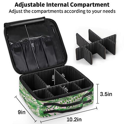 QsirBC QsirBC Makeup Train Case with Adjustable Dividers, Portable Make Up Bag for Women, Toiletry Bag for Men with Waterproof Brush Cover, Palm Tree Leaves Travel Makeup Organizer Makeup Box
