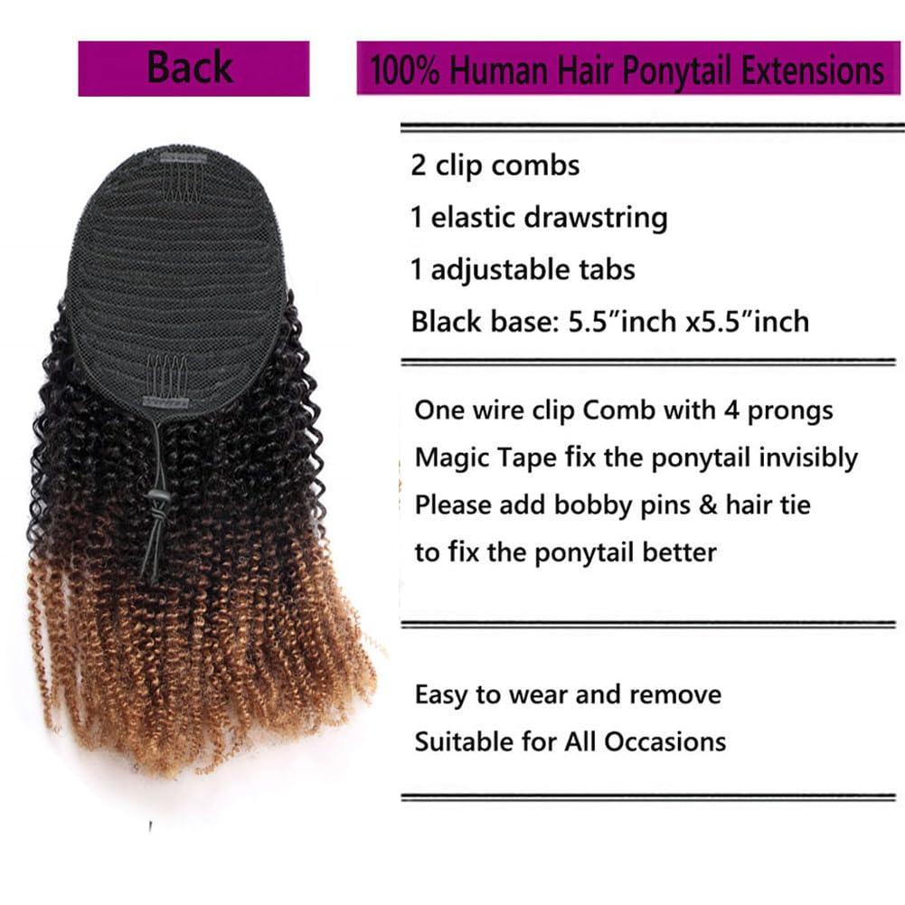 Kiss darling LASHES Two Tone 1b/30 Afro KInkys Curly Drawstring Ponytail Human Hair Extensions for Women 8inch 110g 4C Curly Clip On Ponytails Extension For Women Black to Light Auburn