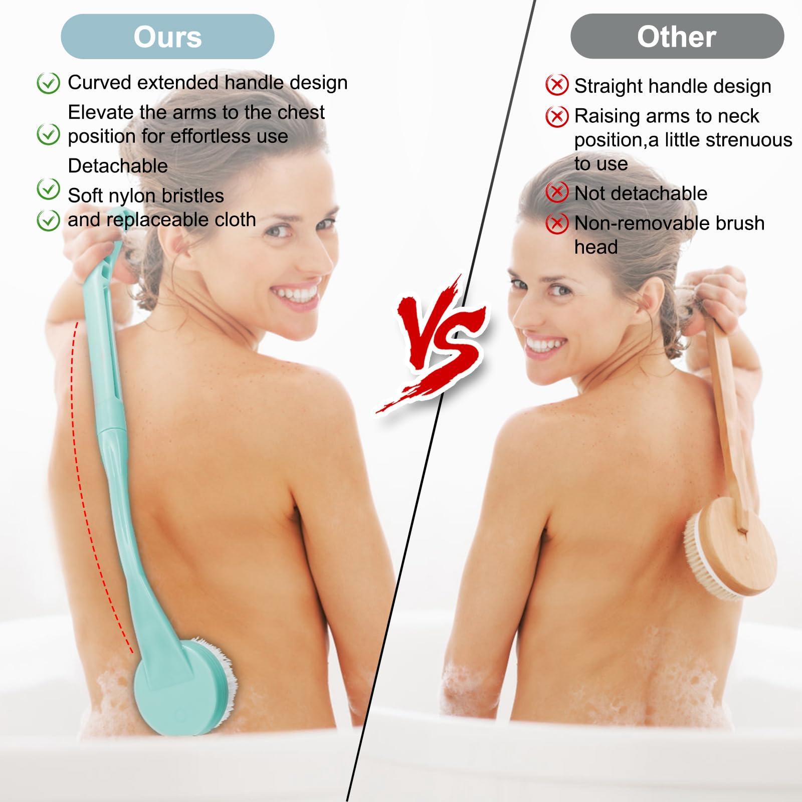 UHIAGREE Back Brush Long Handle for Shower, 20.5 Bath Brush, Back Scrubber, Shower Body Brush with Curved Handle for Elderly Disabled, Limited Mobility, Frozen Shoulder,Men and Women(Cyan)