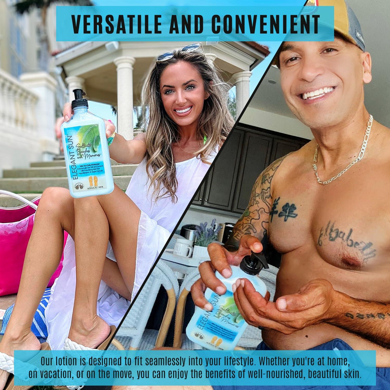 Elegant Sun Saltwater Beaches Tan Extender, After Sun Lotion or Tanning Bed Moisturizer, Aloe Vera Base, Hypoallergenic, Sensitive Skin Care Lotion for Men or Women, Unisex Fresh Scent, Elegant Sun