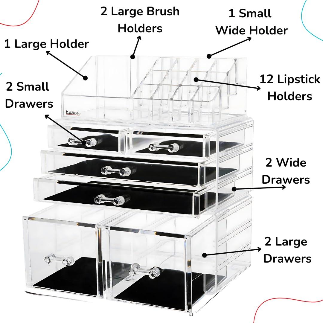 R RZbaba 3 Pack Clear Stackable Makeup Organizer with 6 drawers - Cute Vanity Storage for Cosmetics, Jewelry, Skincare and Hair Clips - Acrylic Countertop Display for Bathroom and Desk - Easy to Clean