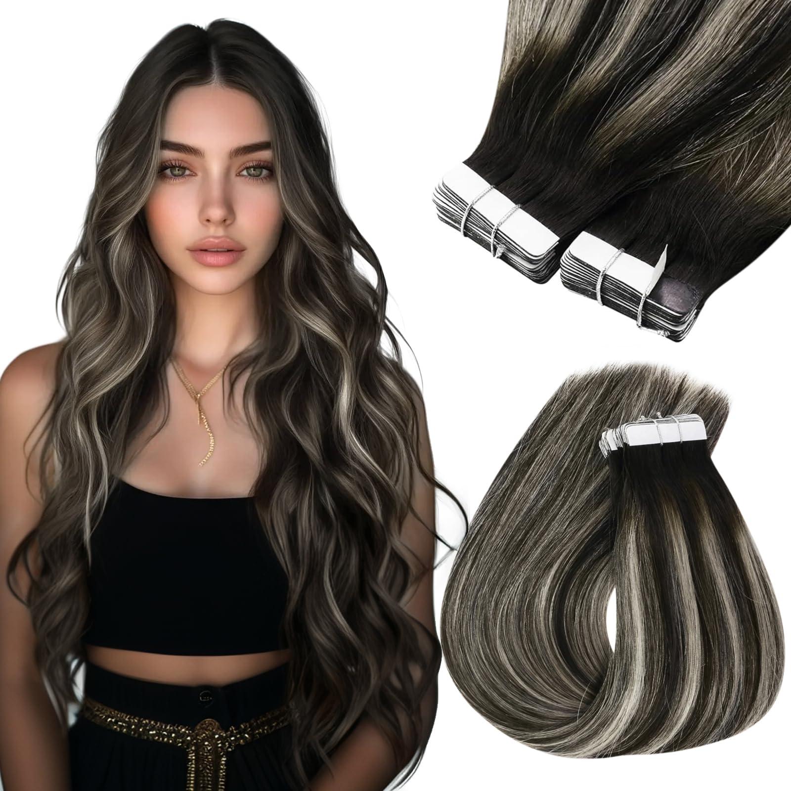 Sunny Hair Sunny Hair Extensions Real Human Hair Tape in Black Ombre Tape in Hair Extensions Human Hair Black Roots to Silver Grey Balayage Tape in Extensions Straight Hair Extension Black Ombre 20pcs 50g 20inch