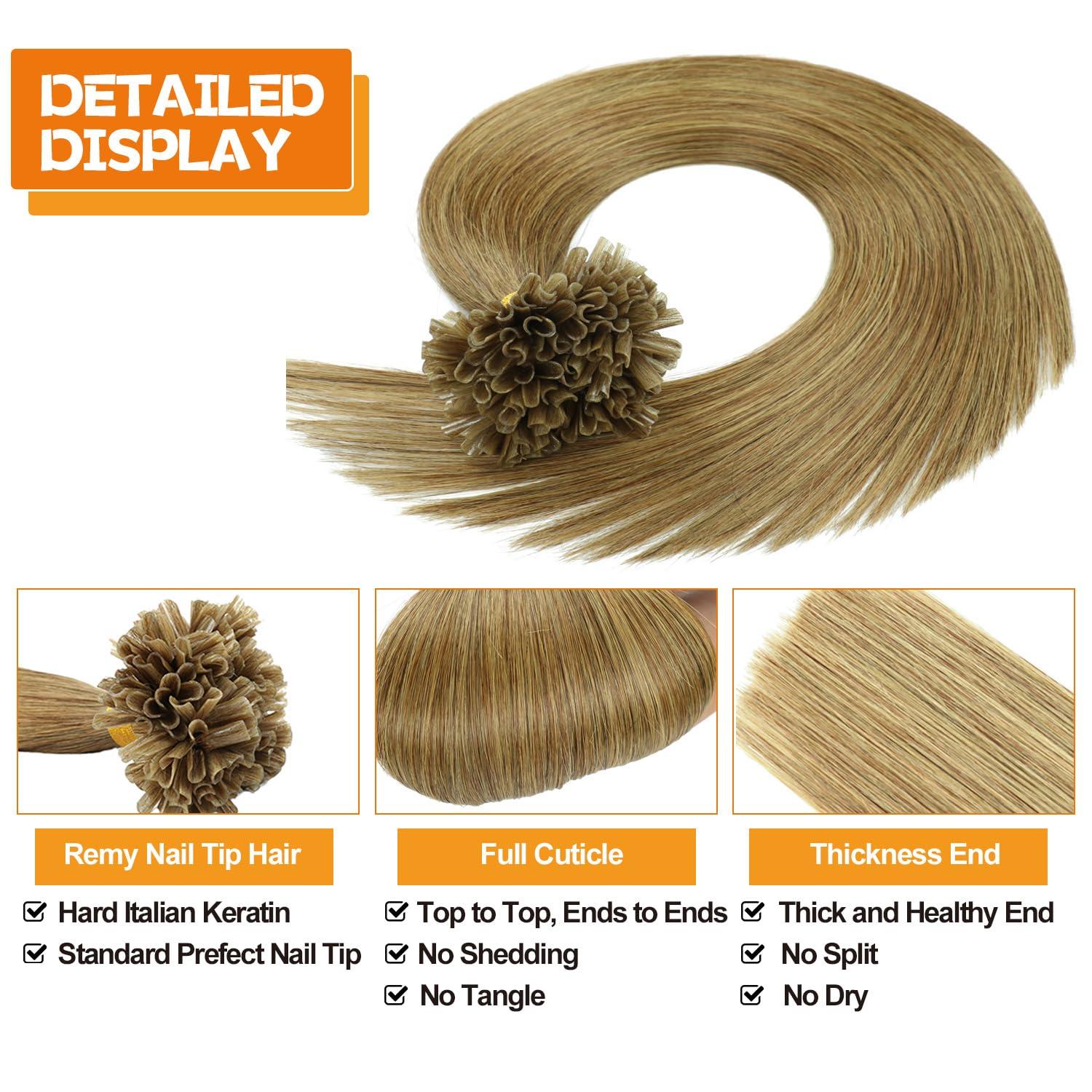 LEJDI U Tip Hair Extensions - Real Human Hair Pre Bonded U Tip Hair Extensions, 50strands/50g Nail Tip Hot Fusions Hair Extensions For Women Salon