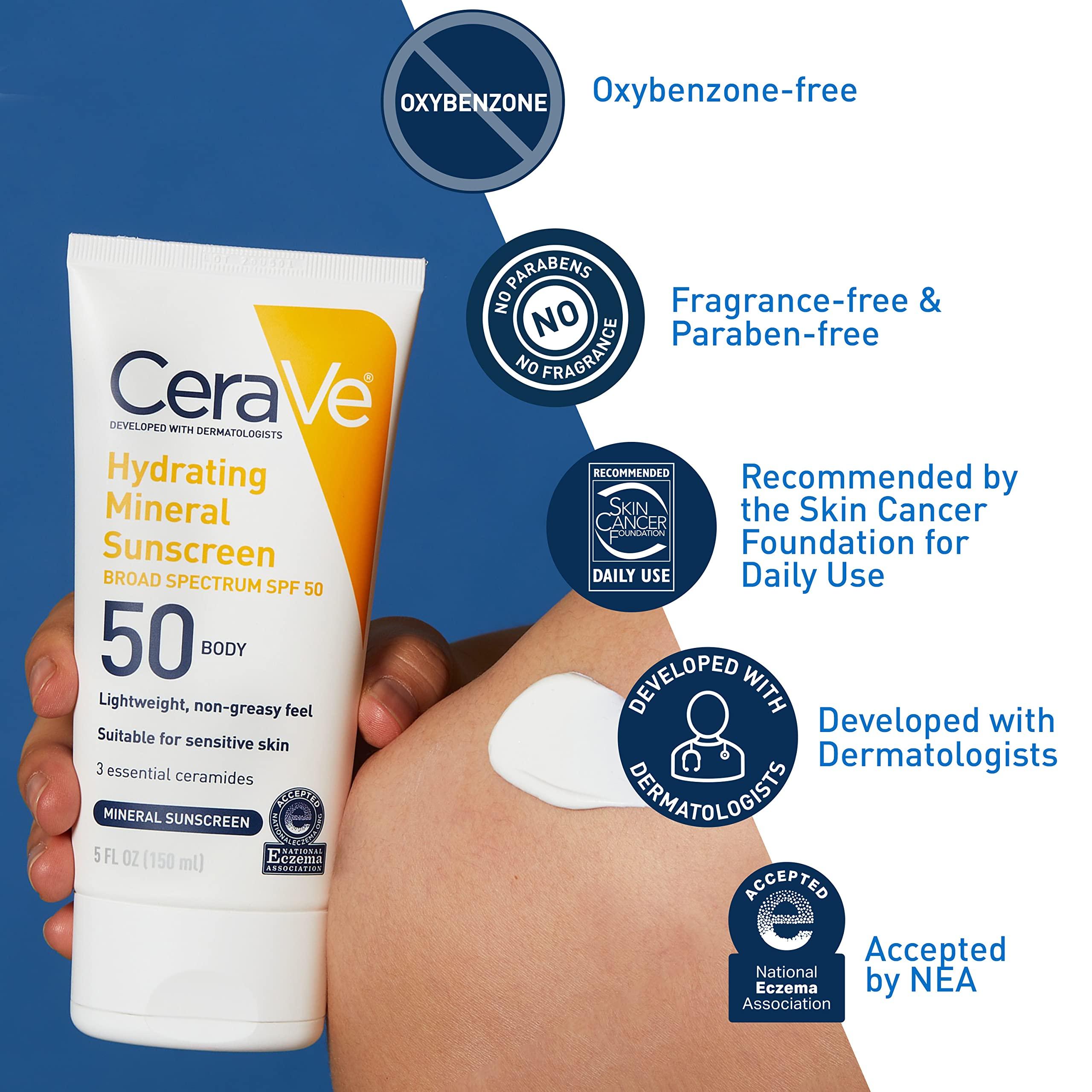 CeraVe CeraVe 100% Mineral Sunscreen SPF 50 with Zinc Oxide & Titanium Dioxide, Hyaluronic Acid & Ceramides, Oil Free & Non-Greasy, Hydrating Mineral Sunscreen For Body, 5 oz
