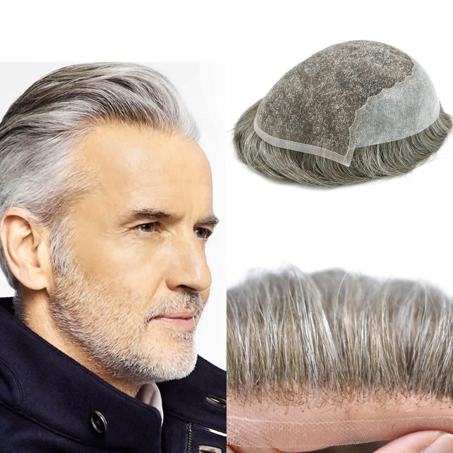 NinthAvenue Basics Toupee for Men Hair Piece - French Lace Human Hair Replacement System, Front Bleached Knot (8x10 Medium Light Density #550 5# Medium Light Brown+50% Grey)