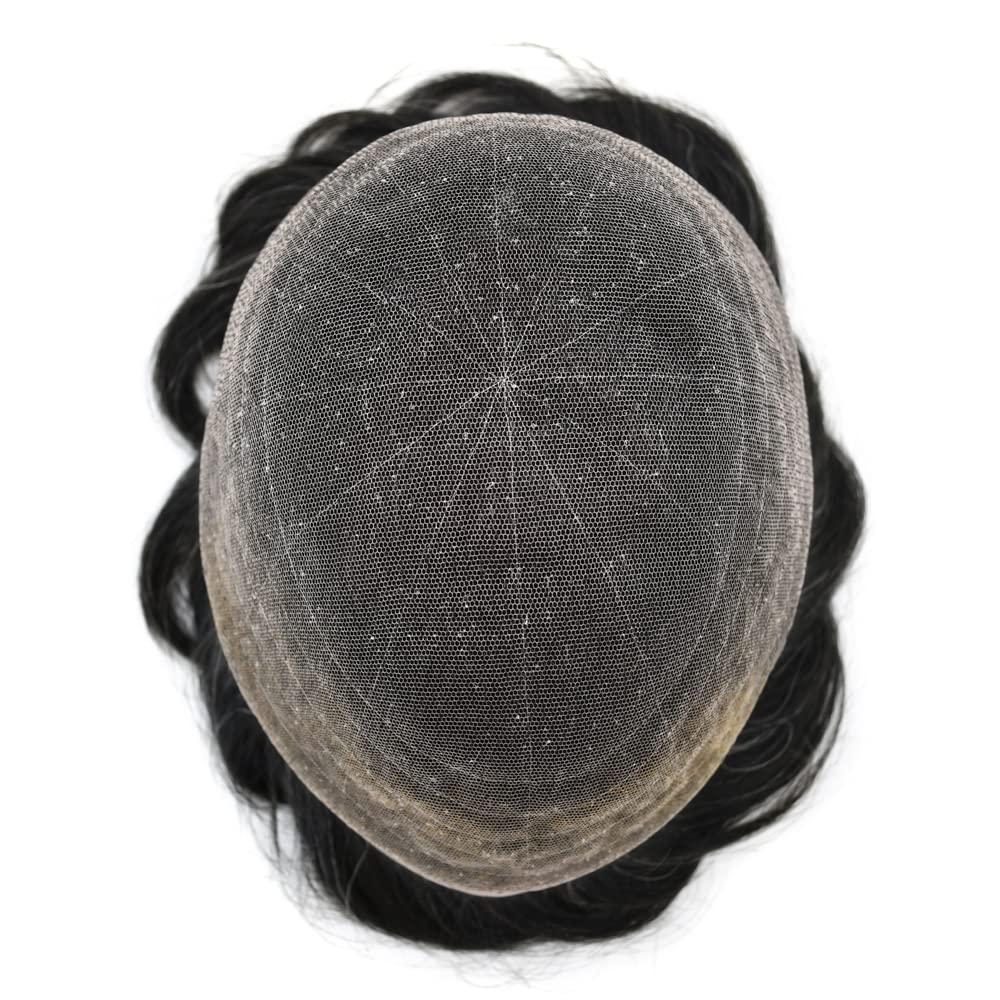 Hair Wonders Toupee For Men Real Human Hair Mens Toupee Hair Replacement System Swiss Lace Hair Piece For Men Hair System7x10\"-100% light to medium density#1B10 1B# OFF BLACK+10% GREY