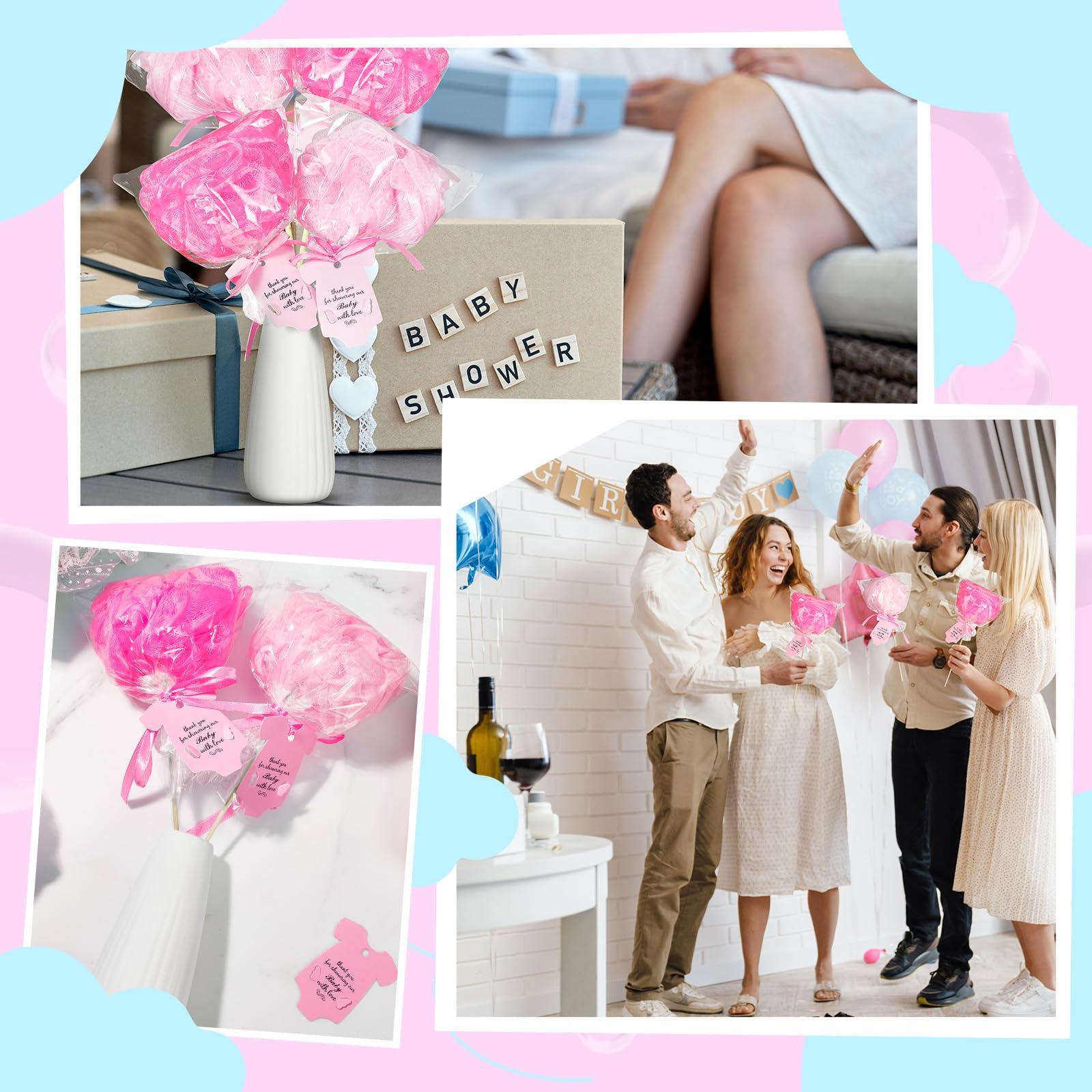 Pickmesh Pickmesh 24 Sets Baby Shower Party Favors for Guests, 30g Baby Loofah Sponge Bulk with Tags Kit, Table Centerpieces for Boys Girls Baby Shower Gender Reveal Party Game Prize Return Gift(Pink)