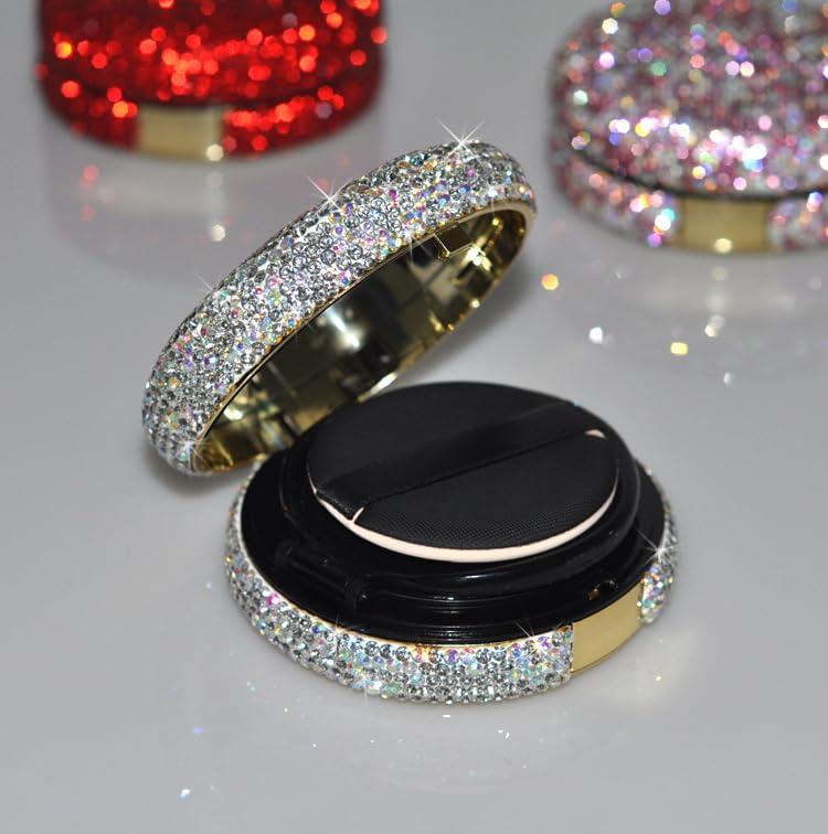 Daofaith Daofaith Bling Diamond Makeup Powder Empty Container, Cushion Foundation Case with Round Mirror, Air Cushion Puff Case, Foundation BB Cream Box -White