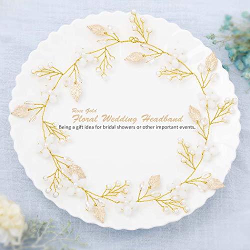 BAROGIRL Barogirl Bride Wedding Headband Gold Flower Hair Vine Pearl Bridal Hair Accessories for Women (Gold)