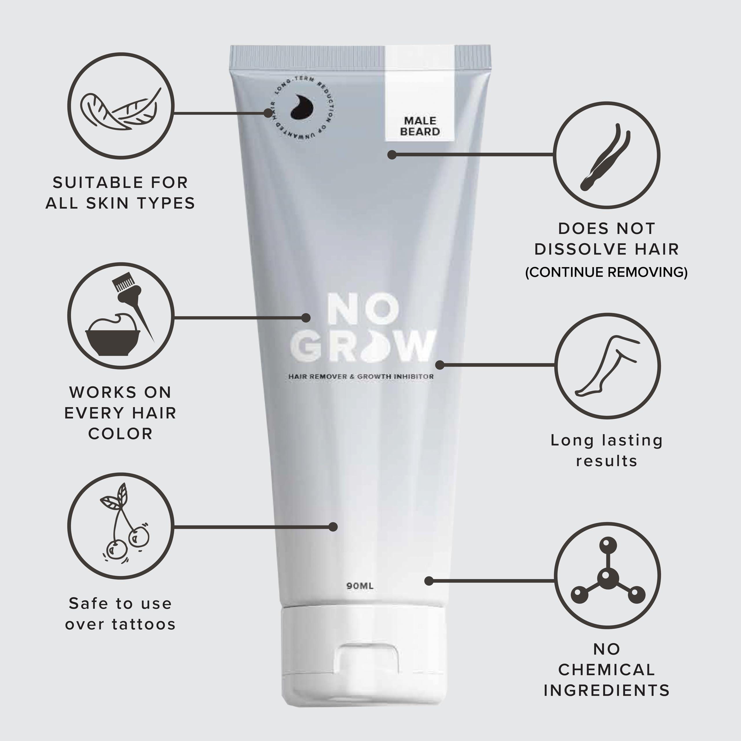 No Grow No Grow Beard Hair Remover for Men & Growth Inhibitor Gel - 90 ml - Visible Results in 4 Months - Once a Week Facial Hair Removal Gel for Men