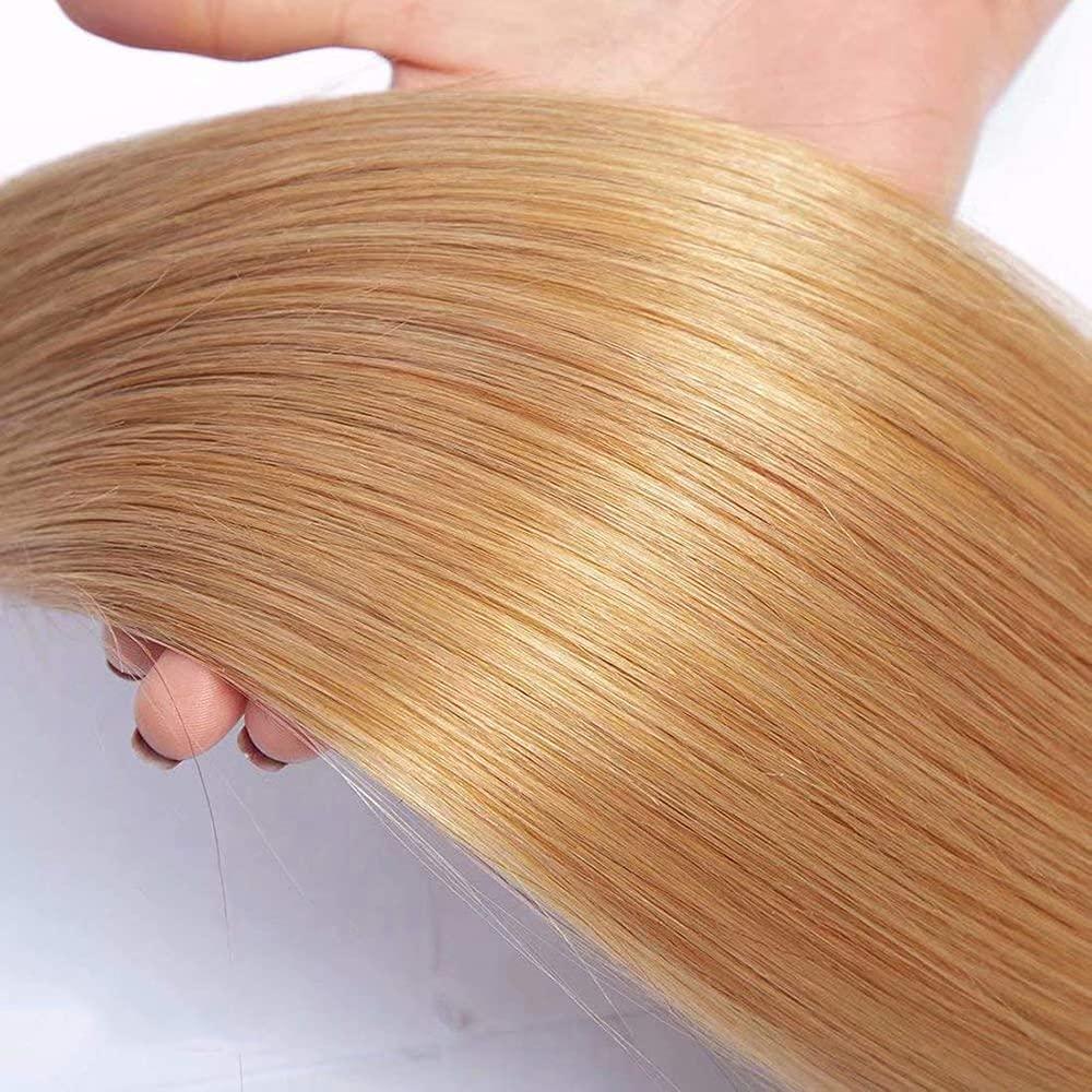 AuokMar 1B/27 Human Hair Bundles Blonde Straight Hunman Hair Bundles 1B27 Color Brazilian Honey Blonde Human hair bundles Ombre Two Tone 3 Bundles Unprocessed Virgin Hair Extensions 16 18 20 Inch