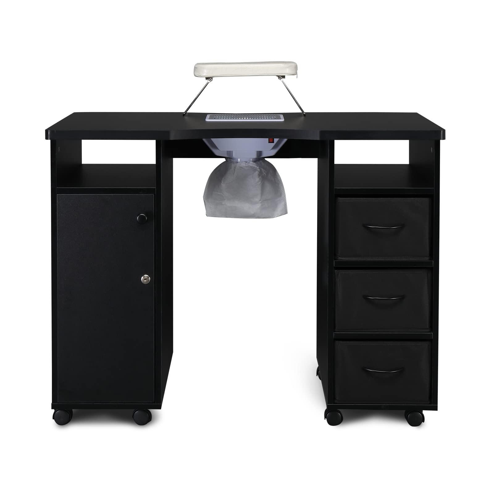 SSLine Manicure Nail Table Station with Fan and Wheels,Manicure Table Nail Beauty Spa Salon Desk Workstation w/3 Drawers,1 Cabinet,Nail Art Desk Workstation