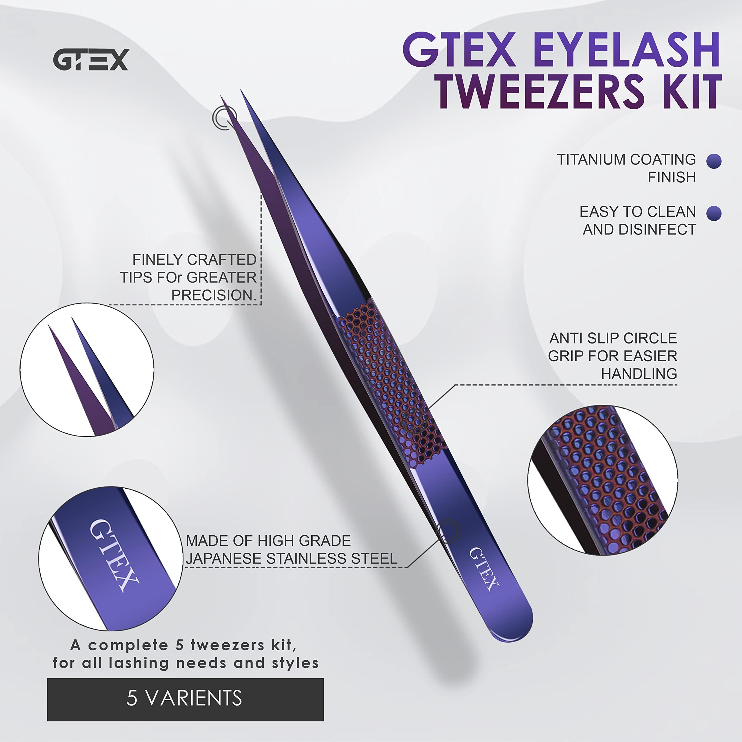GTEX GTEX Lash Tweezers For Eyelash Extensions Tweezers, Circle Grip - Japanese Steel - Professional Eyelash Tweezers For Extensions, 5 Pack - Purple